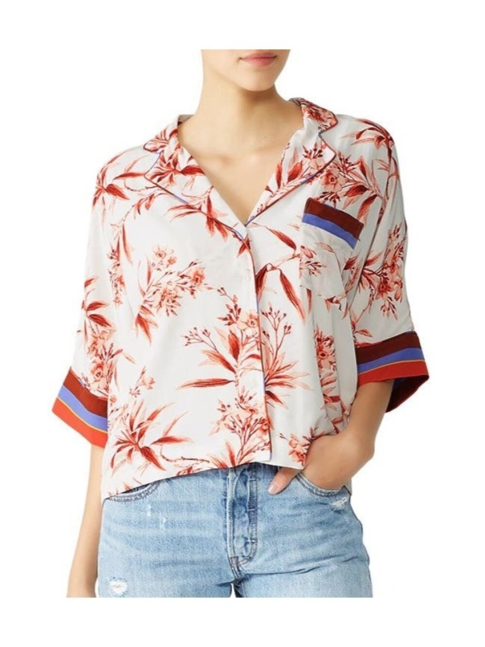 Joie Bayley White Pink Printed Crepe Short Sleeve Blouse Women's Size Small S